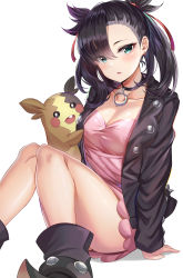 Rule 34 | 1girl, absurdres, aqua eyes, arm support, ass, asymmetrical bangs, asymmetrical hair, black choker, black hair, black jacket, blush, breasts, choker, cleavage, collarbone, creatures (company), dress, earrings, game freak, gen 8 pokemon, hair ribbon, highres, jacket, jewelry, knees up, long sleeves, looking at viewer, marnie (pokemon), medium breasts, morpeko, morpeko (full), nintendo, open clothes, parted lips, pink dress, pokemon, pokemon (creature), pokemon swsh, ribbon, simple background, sitting, sunhyun, twintails, white background