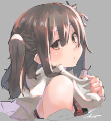 Rule 34 | 1girl, bare shoulders, brown eyes, brown hair, grey background, headband, highres, kantai collection, looking at viewer, scarf, sendai (kancolle), sendai kai ni (kancolle), short hair, signature, simple background, sleeveless, solo, sunday aki, two side up, upper body, white scarf