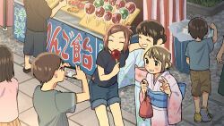 Rule 34 | 3boys, 4girls, :d, arm around neck, bangs pinned back, black shirt, blue kimono, blue shirt, blue shorts, blush, brown eyes, brown hair, brown shorts, candy, candy apple, closed eyes, closed mouth, crowd, denim, denim shorts, dot nose, facing another, festival, floral print, food, food stand, forehead, full body, grin, hair bun, hair ornament, hairclip, hand up, highres, holding, holding candy, holding food, holding phone, japanese clothes, kimono, kojiro337, long bangs, long sleeves, multiple boys, multiple girls, obi, open mouth, original, out of frame, parted bangs, phone, pink kimono, print kimono, sash, shirt, short sleeves, shorts, sidelocks, smile, stone walkway, summer festival, taking picture, teeth, trash can, v, wide sleeves