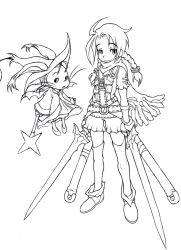Rule 34 | 1girl, ahoge, boots, braid, character request, dual wielding, e10, final fantasy, gloves, hat, holding, lineart, monochrome, moogle, open mouth, scarf, simple background, smile, staff, standing, sword, thighhighs, twin braids, weapon, whiskers, wings, witch hat