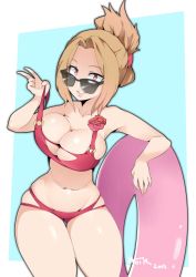 Rule 34 | 1girl, artist name, bikini, blonde hair, blue background, boku no hero academia, breasts, cleavage, highres, hot vr, innertube, large breasts, lips, looking at viewer, navel, simple background, skindentation, smile, solo, strap pull, sunglasses, swim ring, swimsuit, thigh gap, thighs, utsushimi kemii, v, white background