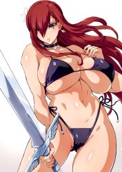 Rule 34 | 1girl, bikini, black bikini, breasts, brown eyes, cameltoe, choker, cleavage, commission, covered erect nipples, earrings, erza scarlet, fairy tail, flower, gluteal fold, hair flower, hair ornament, hair over one eye, highres, holding, holding sword, holding weapon, jewelry, large breasts, long hair, looking at viewer, navel, parted lips, red hair, simple background, skeb commission, solo, swimsuit, sword, weapon, white background, yajiro masaru