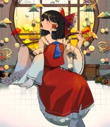 Rule 34 | 1girl, absurdres, ascot, bow, brown hair, collar, detached sleeves, feet out of frame, gohei, hair bow, hair tubes, hakurei reimu, highres, indoors, kyomunohi, long hair, looking to the side, red bow, red eyes, red shirt, ribbon, shirt, sitting, skirt, solo, touhou, white collar, window