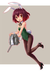 Rule 34 | 10s, 1girl, alternate costume, animal ears, bare shoulders, blush, breasts, brown pantyhose, cannon, detached collar, fake animal ears, full body, gradient hair, high heels, kantai collection, katahira masashi, leotard, looking at viewer, multicolored hair, mutsuki (kancolle), open mouth, orange eyes, outline, outside border, pantyhose, playboy bunny, rabbit ears, rabbit tail, red hair, short hair, simple background, small breasts, smile, solo, tail, turret, wrist cuffs