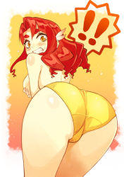 Rule 34 | !, !!, 1girl, ass, back, backboob, bad id, bad pixiv id, blush, breasts, cameltoe, clenched teeth, female focus, from behind, gradient background, hair ornament, huge ass, leaning, leaning forward, long hair, looking at viewer, medium breasts, orange eyes, original, panties, rozario (akai rosario), shiny clothes, shiny skin, solo, tabitha luvini, teeth, topless, underwear