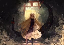 Rule 34 | 1girl, black footwear, blonde hair, boots, bow, closed mouth, day, dress, expressionless, full body, gap (touhou), hair bow, highres, holding, long hair, long sleeves, looking at viewer, low-tied long hair, nature, outdoors, parasol, purple eyes, red bow, sidelocks, solo, stairs, standing, tabard, thkani, torii, touhou, tree, umbrella, walking, white dress, wide sleeves, yakumo yukari