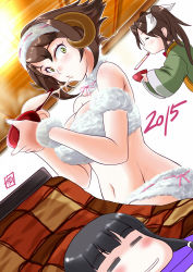 Rule 34 | 10s, 3girls, alternate costume, bare arms, bare shoulders, black hair, brown hair, deformed, dutch angle, eating, closed eyes, food, futon, goat costume, goat horns, green eyes, horns, japanese clothes, kantai collection, kimono, kiriki haruomi, kitakami (kancolle), kotatsu, looking at viewer, midriff, multiple girls, mutsu (kancolle), navel, off shoulder, pouty lips, seiza, short hair, sitting, sleeping, table, tone (kancolle), twintails, wagashi