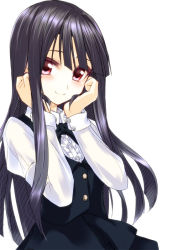 Rule 34 | 1girl, black hair, blush, copyright request, frills, hands on own cheeks, hands on own face, kurokawa (silve), looking at viewer, red eyes, school uniform, smile, solo, white background