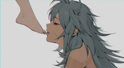 Rule 34 | 1boy, 1girl, absurdres, barefoot, chinese commentary, commentary request, closed eyes, facial scar, genshin impact, grey background, grey hair, highres, kissing foot, linpiu, long hair, parted lips, razor (genshin impact), scar, scar on arm, scar on cheek, scar on face, simple background