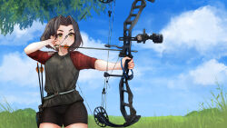 Rule 34 | 1girl, aiming, arrow (projectile), belt, bike shorts, black hair, blue sky, bow (weapon), closed mouth, commission, cowboy shot, day, grass, grey belt, grey shirt, highres, holding, holding arrow, holding bow (weapon), holding weapon, medium hair, mole, mole under eye, original, outdoors, quiver, raglan sleeves, shirt, sky, solo, standing, temachii, weapon, yellow eyes