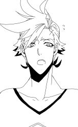 Rule 34 | 10s, 1boy, carnibal0380, highres, kiznaiver, looking at viewer, male focus, monochrome, open mouth, short hair, solo, tenga hajime, white background