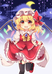 Rule 34 | 1girl, :d, black thighhighs, blonde hair, blush, bow, brooch, clothes lift, cowboy shot, crescent moon, crystal, flandre scarlet, frilled shirt collar, frilled skirt, frills, garter straps, hat, hat bow, jewelry, leg up, lifting own clothes, looking at viewer, mary janes, mob cap, moon, neck ribbon, open mouth, puffy short sleeves, puffy sleeves, red bow, red eyes, red skirt, red vest, ribbon, ruhika, shoes, short sleeves, side ponytail, skirt, skirt lift, skirt set, smile, solo, star (symbol), thighhighs, touhou, vest, wings, wrist cuffs