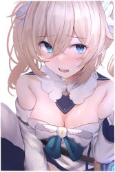 Rule 34 | 1girl, absurdres, barbara (genshin impact), bare shoulders, blonde hair, blue eyes, blush, border, bow, breasts, cleavage, commentary, detached collar, detached sleeves, dress, genshin impact, hair between eyes, highres, long hair, long sleeves, looking at viewer, medium breasts, nose blush, open mouth, simple background, solo, strapless, strapless dress, teeth, twintails, upper body, upper teeth only, white background, white border, white bow, white dress, yanggang