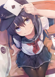 Rule 34 | 1girl, absurdres, ace (playing card), ace of spades, akatsuki (kancolle), alternate sleeve length, anchor symbol, black hair, black hat, black pantyhose, black sailor collar, black skirt, card, commentary request, cowboy shot, flat cap, from above, hat, highres, kantai collection, long hair, neckerchief, pantyhose, playing card, pleated skirt, purple eyes, red neckerchief, sailor collar, school uniform, serafuku, short sleeves, sitting, skirt, solo, spade (shape), taisho (gumiyuki), three of hearts