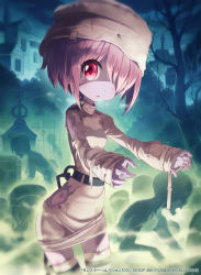Rule 34 | 1girl, belt, chain, cloud, dress, fog, graveyard, hair over one eye, hat, highres, house, kankurou, looking at viewer, monster girl, night, night sky, original, outstretched arms, pale skin, pink hair, red eyes, restrained, short hair, sky, solo focus, star (sky), tears, thighhighs, tombstone, torn clothes, undead, zombie, zombie pose
