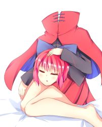 Rule 34 | 1girl, bed, blush, bow, cape, disembodied head, closed eyes, hair bow, large bow, merxkialis, on bed, sekibanki, short hair, sitting, sleeping, solo, touhou, wariza