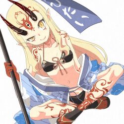 Rule 34 | 1girl, banner, bikini, black bikini, blonde hair, blue kimono, breasts, clothes down, facial mark, fate/grand order, fate (series), forehead mark, horns, ibaraki douji (fate), ibaraki douji (fate/grand order), ibaraki douji (swimsuit lancer) (fate), ibaraki douji (swimsuit lancer) (first ascension) (fate), indian style, japanese clothes, kimono, long hair, looking at viewer, mukai, oni, oni horns, pointy ears, sandals, simple background, sitting, small breasts, smile, solo, swimsuit, white background, yellow eyes, zouri