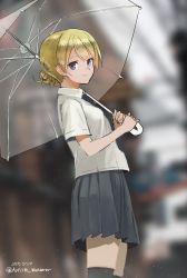 Rule 34 | 1girl, alternate costume, autism wanderer, black necktie, black thighhighs, blonde hair, blue eyes, blurry, blurry background, braid, closed mouth, darjeeling (girls und panzer), dated, dress shirt, from side, girls und panzer, highres, holding, holding umbrella, light particles, looking at viewer, miniskirt, necktie, one-hour drawing challenge, pleated skirt, school uniform, shirt, short hair, short sleeves, skirt, smile, solo, standing, thighhighs, transparent, transparent umbrella, twitter username, umbrella, white shirt, wing collar