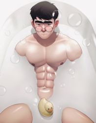 Rule 34 | 1boy, abs, bara, bathing, bathtub, bird, black hair, blush, bubble, closed mouth, completely nude, convenient censoring, dr.shin nerdyart, duck, glasses, highres, large pectorals, looking at viewer, male focus, muscular, muscular male, navel, nerdyart1, nipples, nude, original, pectorals, round eyewear, rubber duck, short hair, soap bubbles, soap censor, solo, thick eyebrows, thick thighs, thighs