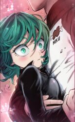 Rule 34 | 1boy, 1girl, black dress, blush, breast press, breasts, colorized, constricted pupils, curly hair, dress, green eyes, green hair, hehevich, highres, hug, jacket, long sleeves, murata yuusuke, one-punch man, saitama (one-punch man), short hair, size difference, small breasts, tatsumaki, track jacket