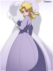 Rule 34 | 1girl, blonde hair, blue eyes, blush, breasts, collar, creatures (company), dress, game freak, glacia (pokemon), gloves, layerth, looking at viewer, looking back, nintendo, pokemon, pokemon oras, puffy sleeves, purple dress, short hair, sleeves past elbows, solo, white gloves