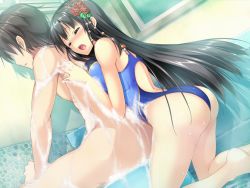 Rule 34 | 1girl, barefoot, black hair, blush, breasts, competition swimsuit, erect!, euphoria trinity, closed eyes, game cg, hair ornament, long hair, piromizu, swimsuit, wet