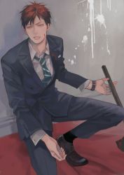Rule 34 | 1boy, blood, blood on face, formal, kagami taiga, kuroko no basuke, male focus, necktie, pants, red eyes, red hair, shoes, solo, suit, watch