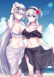 Rule 34 | 2girls, adjusting eyewear, arm around waist, asymmetrical docking, bikini, black bikini, black hairband, black sarong, blue sky, bracelet, breast press, breasts, collarbone, commentary request, dated, day, eyewear on head, flower, fuyutsuki (kancolle), grey eyes, grey hair, hair between eyes, hair flower, hair ornament, hairband, hand on another&#039;s shoulder, hand on eyewear, hibiscus, highres, jewelry, kabocha torute, kantai collection, large breasts, long hair, looking at viewer, medium breasts, multiple girls, navel, one side up, outdoors, sarong, see-through sarong, side-tie bikini bottom, side ponytail, sky, smile, sunglasses, sunlight, suzutsuki (kancolle), swimsuit, twitter username, very long hair, white bikini, white hairband, white sarong