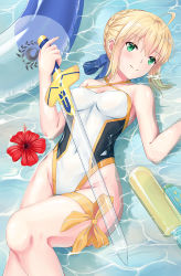 Rule 34 | 1girl, ahoge, artoria pendragon (all), artoria pendragon (fate), artoria pendragon (swimsuit archer) (fate), artoria pendragon (swimsuit archer) (third ascension) (fate), blonde hair, breasts, casual one-piece swimsuit, excalibur (fate/stay night), fate/grand order, fate/stay night, fate (series), feet out of frame, flower, green eyes, hibiscus, highres, inflatable toy, innertube, lying, one-piece swimsuit, partially submerged, saber (fate), skyrail, small breasts, solo, swim ring, swimsuit, sword, water, water gun, weapon, white one-piece swimsuit