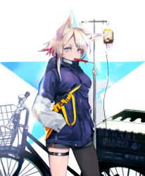 Rule 34 | 1girl, absurdres, animal ears, bicycle, bicycle basket, blue eyes, commentary request, facial mark, grey pantyhose, hands in pockets, highres, hood, hood down, hoodie, intravenous drip, kumonji aruto, legband, looking at viewer, mouth hold, original, pantyhose, pink hair, purple hoodie, short hair, single leg pantyhose, solo, standing, thigh strap
