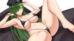 Rule 34 | 1girl, akitsuki karasu, armpits, barefoot, bikini, black bikini, black hat, breasts, cleavage, closed mouth, collarbone, commentary request, commission, couch, eyes visible through hair, green hair, hand in own hair, hat, knee up, large breasts, long hair, looking at viewer, navel, original, sideboob, sitting, skeb commission, smile, solo, swimsuit, thighs, underboob, yellow eyes