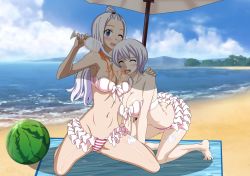 Rule 34 | 2girls, absurdres, ass, bikini, breasts, butt crack, cleavage, fairy tail, highres, huge breasts, large breasts, lisanna strauss, long hair, mirajane strauss, multiple girls, silver hair, swimsuit