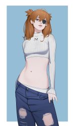 Rule 34 | 1girl, arm at side, blue background, blue eyes, blue pants, breasts, closed mouth, clothes pull, clothes writing, commentary, contrapposto, cowboy shot, crop top, denim, english commentary, evangelion: 3.0+1.0 thrice upon a time, eyepatch, hand under clothes, highres, jeans, long hair, looking at viewer, midriff, navel, neon genesis evangelion, neozumi, one eye covered, orange hair, outside border, panties, pants, pants pull, rebuild of evangelion, ribbed sweater, shirt, simple background, sleeves past wrists, solo, souryuu asuka langley, sweater, tight clothes, tight shirt, torn clothes, torn pants, two side up, underwear, white panties