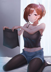 Rule 34 | 1girl, :o, alternate hairstyle, bare arms, bed, bed sheet, black pantyhose, black skirt, blush, breasts, brown hair, camisole, cleavage, collarbone, curtains, hair ornament, hairclip, highres, higuchi madoka, holding, holding clothes, holding skirt, idolmaster, idolmaster shiny colors, indoors, looking at viewer, medium breasts, miniskirt, navel, on bed, open mouth, pantyhose, pantyhose under shorts, purple eyes, shorts, shougun (chuckni1), signature, sitting, skirt, sleeveless, soles, solo, unworn skirt, yokozuwari