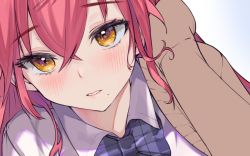 1girl alracoco blush bow bowtie cardigan dress_shirt tucking_hair long_hair looking_at_viewer mole mole_under_mouth original pink_hair school_uniform shirt solo yellow_eyes