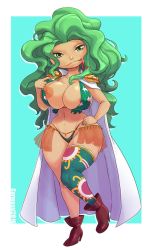 Rule 34 | 1girl, asymmetrical clothes, boa sandersonia, boots, breasts, carmessi, curvy, forked tongue, green eyes, green hair, high heels, highres, large breasts, long hair, looking at viewer, matching hair/eyes, nipples, one piece, solo, standing, thick thighs, thighs, tongue, tongue out, wide hips
