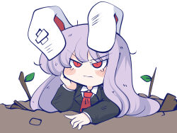 Rule 34 | 1girl, animal ears, bandaid on ear, black vest, blazer, blush, chahan (fried rice0614), chibi, collared shirt, commentary request, crying, crying with eyes open, hand on own cheek, hand on own face, jacket, leaf, long hair, long sleeves, necktie, on ground, purple hair, rabbit ears, rabbit girl, red eyes, red necktie, reisen udongein inaba, shirt, simple background, solo, tears, touhou, twig, upper body, vest, wavy mouth, white background