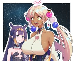 Rule 34 | 2girls, bare shoulders, beads, blonde hair, blush, border, breast envy, breasts, cleavage, closed mouth, collarbone, dark-skinned female, dark skin, elbow gloves, empty eyes, expressionless, flat chest, gloves, hair beads, hair ornament, highres, holocouncil, hololive, hololive english, holomyth, huge breasts, konaloid, long hair, looking at breasts, mole, mole under eye, multiple girls, ninomae ina&#039;nis, open mouth, outline, platinum blonde hair, purple eyes, purple hair, sideboob, smile, space, strapless, teeth, tongue, tsukumo sana, twintails, upper body, upper teeth only, virtual youtuber, white border, white outline, yellow eyes