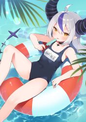 Rule 34 | 1girl, absurdres, ahoge, alternate costume, bare legs, bare shoulders, black choker, blue one-piece swimsuit, choker, commentary, feet out of frame, food, highres, hololive, horns, innertube, la+ darknesss, long hair, looking at viewer, multicolored hair, name tag, nyasunyadoora, one-piece swimsuit, popsicle, purple hair, slit pupils, streaked hair, swim ring, swimsuit, thighs, tongue, tongue out, translated, two-tone hair, virtual youtuber, water, white hair, yellow eyes