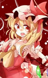 Rule 34 | 1girl, ascot, blonde hair, bow, crystal, fang, flandre scarlet, hat, hat bow, hat ribbon, highres, mob cap, open mouth, pointy ears, puffy short sleeves, puffy sleeves, red eyes, ribbon, short sleeves, side ponytail, skirt, skirt set, solo, touhou, tsumurikoto, wings, wrist cuffs