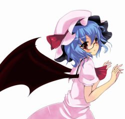 Rule 34 | 1girl, bat wings, bespectacled, blue hair, female focus, glasses, hat, moccy, red eyes, remilia scarlet, simple background, solo, touhou, white background, wings