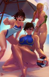 Rule 34 | 3girls, adapted costume, ass, backless swimsuit, backlighting, ball, barefoot, beach, beach umbrella, beach volleyball, bikini, blonde hair, blue sky, braid, breasts, brown eyes, brown hair, bun cover, cammy white, capcom, chun-li, cleavage, closed eyes, competition swimsuit, covered erect nipples, david liu, day, double bun, group picture, hair bun, hand on thigh, headband, highleg, highleg swimsuit, highres, kasugano sakura, long hair, medium breasts, meme, midriff, multiple girls, narrow waist, ocean, one-piece swimsuit, pointing, pointing at viewer, shiny skin, short hair, sideboob, sitting, sky, small breasts, standing, street fighter, street fighter zero (series), stretching, swept bangs, swimsuit, tan, tankini, thick thighs, thighs, toes, toned, twin braids, umbrella, volleyball, volleyball (object), when you see it