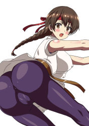 Rule 34 | 1girl, ass, ass focus, braid, cameltoe, hip attack, looking at viewer, looking back, muscular, muscular female, open mouth, ryuuko no ken, solo, spandex, the king of fighters, thighs, yuri sakazaki
