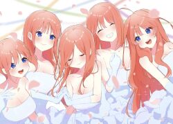 Rule 34 | 5girls, ahoge, blue eyes, blush, breasts, cleavage, clenched teeth, closed mouth, collarbone, dress, falling petals, gloves, go-toubun no hanayome, holding hands, kaimaart, large breasts, long hair, multiple girls, nakano ichika, nakano itsuki, nakano miku, nakano nino, nakano yotsuba, open mouth, petals, quintuplets, red hair, ribbon, siblings, sisters, smile, strapless, strapless dress, teeth, twitter username, wedding dress, white dress, white gloves