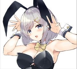 Rule 34 | 1girl, animal ears, armpits, black leotard, blue eyes, blush, breasts, cleavage, detached collar, fake animal ears, hair ornament, hairclip, hamakaze (kancolle), highres, kantai collection, large breasts, leotard, monoto, open mouth, playboy bunny, rabbit ears, short hair, silver hair, simple background, solo, upper body, white background, yellow neckwear