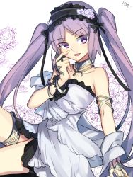 Rule 34 | 1girl, bare shoulders, collarbone, euryale (fate), fate/grand order, fate (series), finger to cheek, garter straps, long hair, looking at viewer, nikame, purple eyes, purple hair, solo, stheno (fate), thighs, twintails