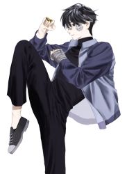 Rule 34 | 1boy, aged down, arm wrap, bandaid, bandaid on cheek, bandaid on face, bandaid on nose, between fingers, black eyes, black footwear, black hair, black pants, black shirt, chokeke 005, clenched hands, closed mouth, fighting stance, from side, frown, highres, holding, holding nail, holding weapon, hunter x hunter, illumi zoldyck, jacket, knee up, long sleeves, looking away, nail, open clothes, open jacket, pants, profile, scar, scar on arm, shirt, shoes, short hair, simple background, sneakers, solo, standing, standing on one leg, turtleneck, unzipped, weapon, white background