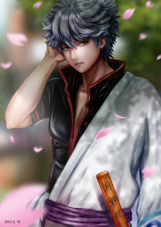 Rule 34 | 1boy, 2015, absurdres, blurry, dated, depth of field, gintama, hand on own head, highres, japanese clothes, male focus, petals, pole, red eyes, sakata gintoki, shade, silver hair, solo, upper body, x3xlll