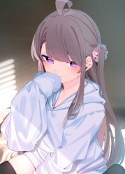 Rule 34 | 1girl, ahoge, black thighhighs, blush, brown hair, chikuwa., commentary request, day, eyebrows hidden by hair, hair ornament, hair scrunchie, hand up, highres, hood, hood down, hoodie, indoors, long hair, looking at viewer, original, pink scrunchie, purple eyes, scrunchie, sleeves past fingers, sleeves past wrists, solo, sunlight, thighhighs, two side up, very long hair, white hoodie