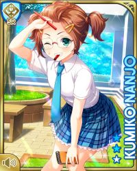 Rule 34 | 1girl, blue background, blue necktie, brown hair, card, character name, closed mouth, day, girlfriend (kari), glasses, green eyes, hair ornament, hairclip, holding, looking at viewer, nanjo kumiko, necktie, notepad, object in mouth, official art, one eye closed, outdoors, pen, plaid, plaid skirt, qp:flapper, school, school uniform, skirt, smile, solo, tagme, teeth, tree, twintails, v-shaped eyebrows, wiping forehead